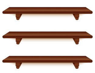 Shelves with Brackets, Mahogany Wood Grain. Three wide empty dark wood grain wall shelves isolated on white. Add your favorite books and treasures. 