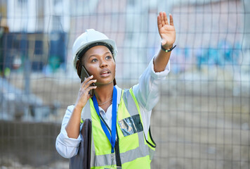 Construction worker, maintenance and development woman multitask on a phone while working. Building...