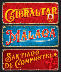 Gibraltar, Malaga, Santiago de compostela spanish city plates and travel stickers. Spain regions vector vintage plaques, scratchy banners with coat of arms and ornament. Touristic grunge signboards