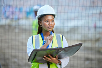 Construction worker, maintenance and development woman thinking with documents at work. Building...