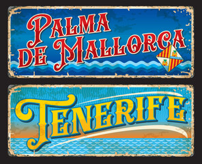 Tenerife, Palma de mallorca spanish city plates and travel stickers. Vector vintage banners with Spain Kingdom regions, geography territory landmarks. Touristic grunge signs with heraldic symbolic
