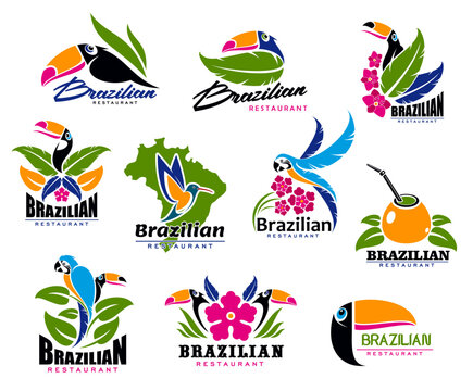 Brazilian cuisine icons of toucans, parrots, mate tea and feathers, vector restaurant symbols. Brazil food bar and cafe signs with tropical exotic birds and palm leaves for Brazilian restaurant menu