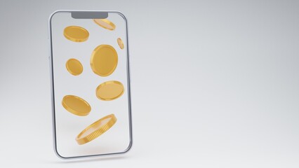 Smartphone blank display with coins falling on white isolate backgroung.digital wallet,money-saving.Mock up empty screen,Online payment service.money transfer business financial.3d rendering.