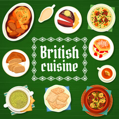 British cuisine menu cover with vector frame of English food. Restaurant dishes of Irish stew, beef Wellington and steak, tea with scones, clotted cream and oat biscuits, sorrel soup, lamb with sauce