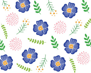 北欧風の紺色の花のパターン背景イラスト