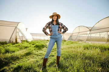Greenhouse, agriculture farmer woman in proud and happy portrait with a vision for success and...