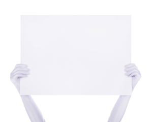 Hands holding big blank paper sign over head, background for text
