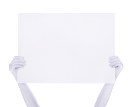 Hands holding big blank paper sign over head, background for text