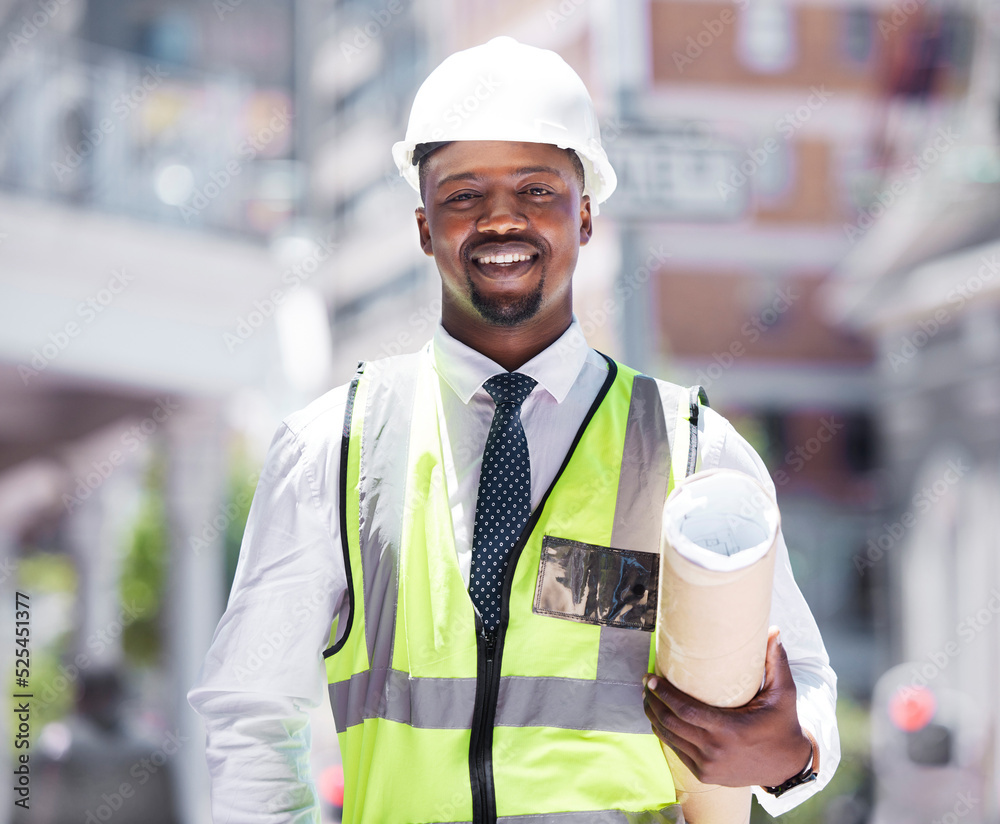 Poster business, builder and contractor man holding building plans with a vision for success in constructio