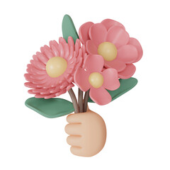 3D Rendering hand holding pink flower isolated on white background. 3d render cartoon style.