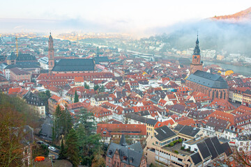 City view of Heidelberg Germany red city historic architecture from Heidelberg Castle on a cloudy winter day