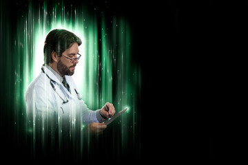 Male doctor in a black and green background