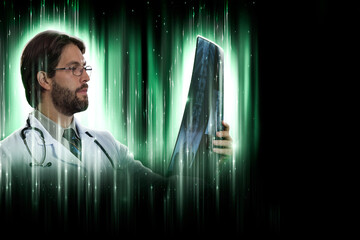 Male doctor in a black and green background