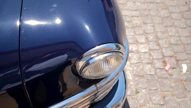 Old american car headlights, old american muscle car, desoto diplomat, car shiny headlights, american car hood, black vintage vehicle bonet,