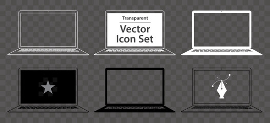 Black and White Laptop Computer Vector Illustration Icon Set. Laptop PC with blank screen and transparent background. 
