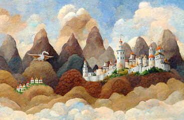 Children's painted colored wallpaper. A colorful illustration of a mountain landscape with a castle and a dragon. Design for a children's room, poster, postcard.