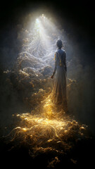 Woman standing in front of light symbolizing Enlightenment, illustration