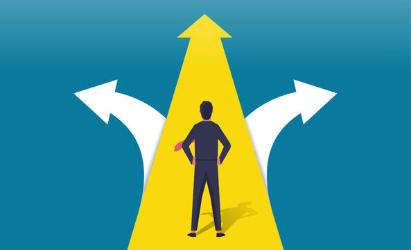 Businessman having to choose between three different choices indicated by arrows pointing in opposite direction concept, Choosing the correct pathway