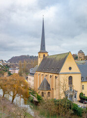 Yellow church in Luxembourg City Luxembourg Europe on a cloudy winter day