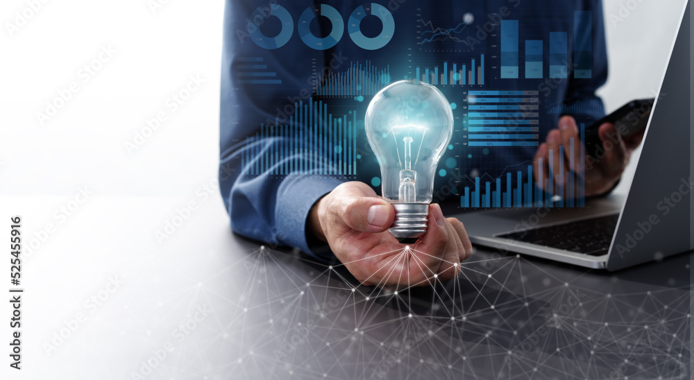 Leinwandbilder Data technology and business solution image. Analyst holding lightbulb and smartphone. Many graphs and network structure.