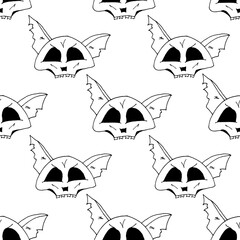 Scary black cat skulls with big eyes pattern on white background. Halloween flyer concept. Halloween background with cranium. Seamless vector illustration with dead head of cat.