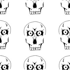 Scary black skulls with eyeballs pattern on white background. Halloween flyer concept. Halloween background with cranium.