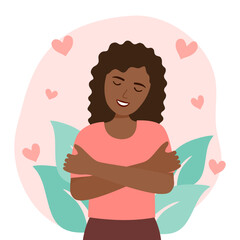 Self love concept vector illustration. Young pretty African woman hugging herself with pink heart shape around in flat design. Happiness.