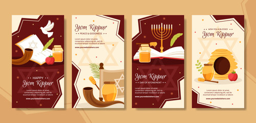 Yom Kippur Day Celebration Social Media Stories Template Hand Drawn Cartoon Flat Illustration - obrazy, fototapety, plakaty