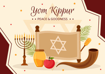 Yom Kippur Day Celebration Background Template Hand Drawn Cartoon Flat Illustration - obrazy, fototapety, plakaty