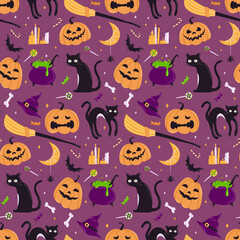 Cute Halloween vector seamless pattern. Pumpkins with different faces, black cat. Ideal for wrapping paper, fabrics, printing and postcards