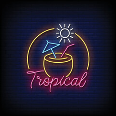 Neon Sign tropical with Brick Wall Background
