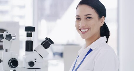 Research, bacteria and science intern with microscope working on medical, dna and innovation in laboratory. Happy scientist looking at chemistry, tissue and futuristic medicine development tests - Powered by Adobe