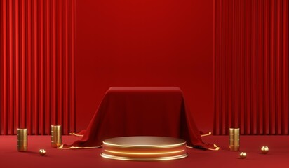 3D rendering of blank product background for cream cosmetics Modern red podium background