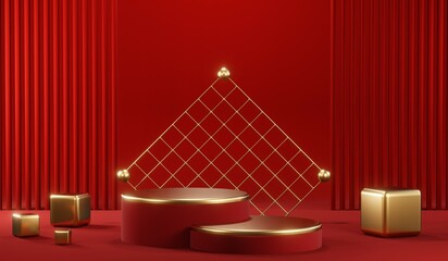 3D rendering of blank product background for cream cosmetics Modern red podium background