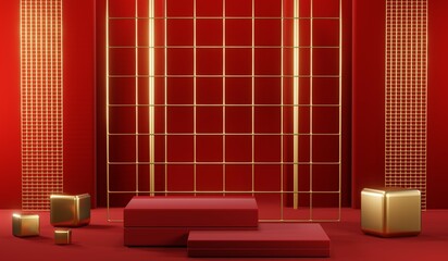 3D rendering of blank product background for cream cosmetics Modern red podium background