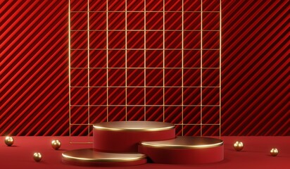 3D rendering of blank product background for cream cosmetics Modern red podium background