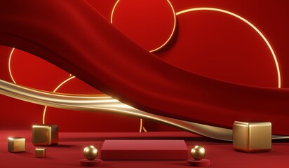 3D rendering of blank product background for cream cosmetics Modern red podium background