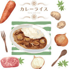 curry and rice set【カレーライスイラストセット】水彩風　リアル
