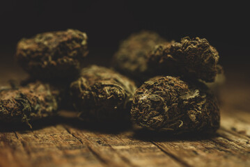 Macro close up portrait of Cannabis Marijuana Dry Buds,  selective focus