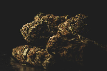 Macro close up portrait of Cannabis Marijuana Dry Buds,  selective focus