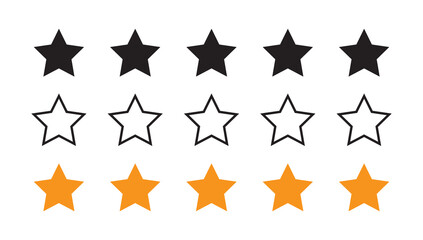 Rating stars set. Five yellow stars customer product rating. Five star ranking icons.