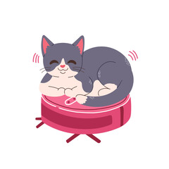Cat on robot vacuum cleaner flat design vector