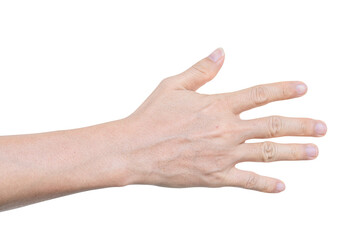 Closeup of male hand showing gesture sign on transparent background - PNG format.