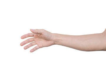Closeup of male hand showing gesture sign on transparent background - PNG format.