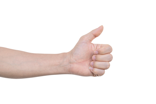 Closeup of male hand showing gesture sign on transparent background - PNG format.