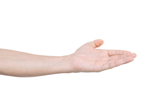 Closeup of male hand showing gesture sign on transparent background - PNG format.