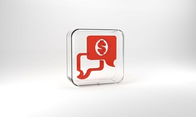 Red Business negotiations icon isolated on grey background. Team work process. Business management teamwork meeting and brainstorming. Glass square button. 3d illustration 3D render