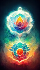Abstract design of multicolored chakra powerful energy. Chakra mandala flower. 3D illustration. - obrazy, fototapety, plakaty