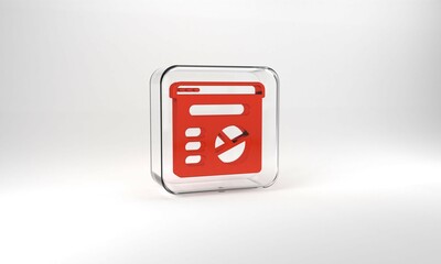 Red Pie chart infographic icon isolated on grey background. Diagram chart sign. Glass square button. 3d illustration 3D render