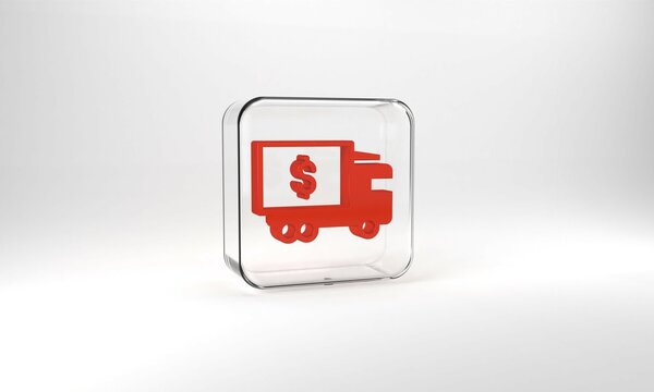 Red Armored truck icon isolated on grey background. Glass square button. 3d illustration 3D render